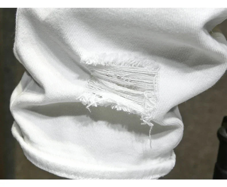 New White Jeans Shorts Men Fashion Ripped Knee Length Pants Simple Casual Slim Hole Denim Shorts Male Streetwear