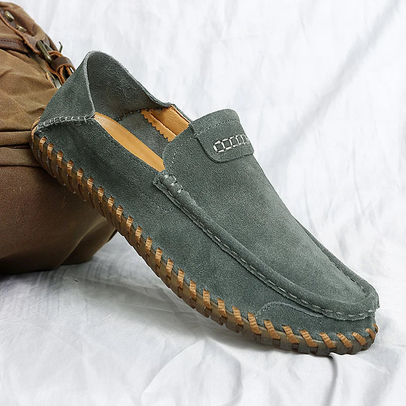 Men’s Suede Leather Loafers – Slip-On Casual Driving Shoes (Black, Brown, Khaki)