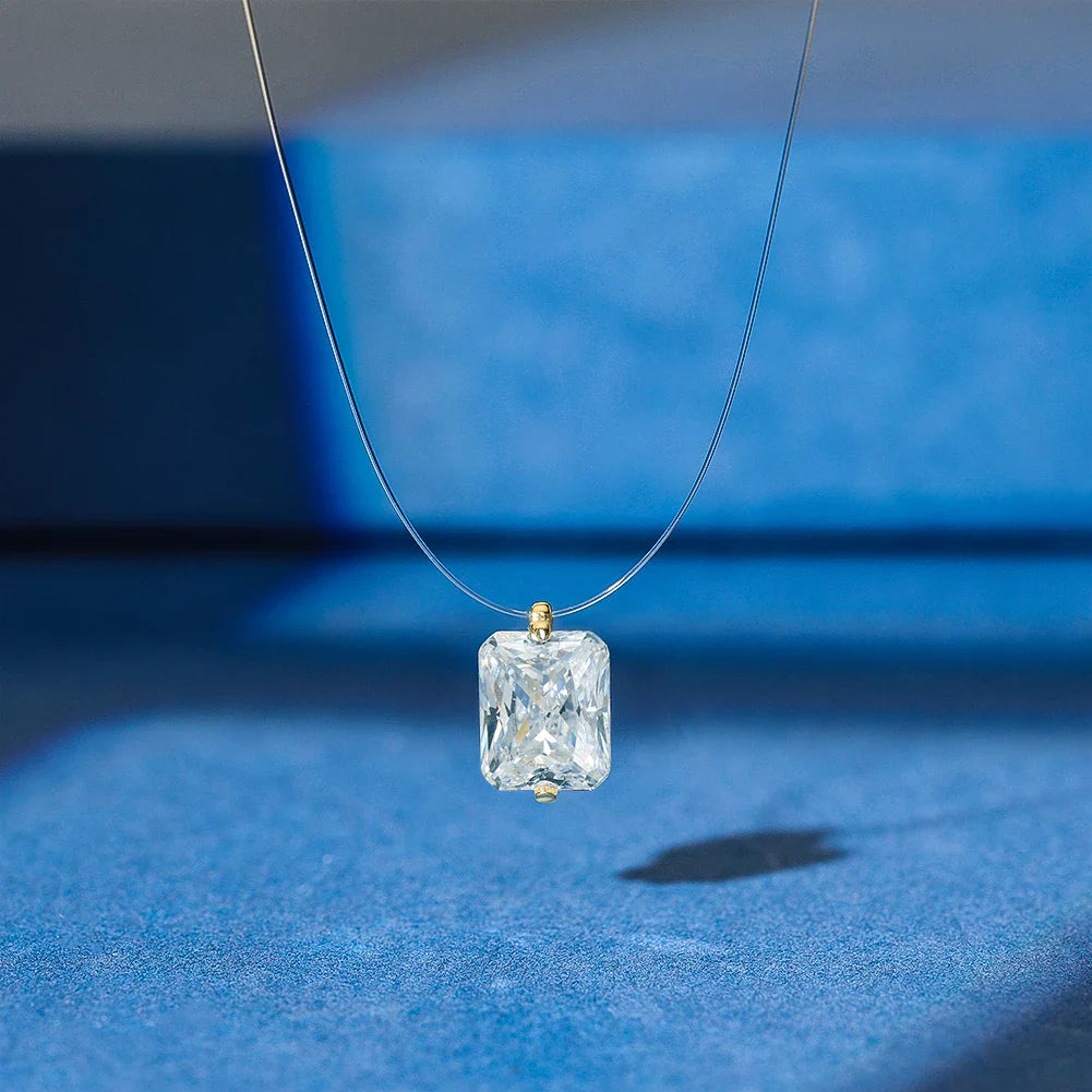 Top Quality 925 Silver Transparent Invisible Fishing Line Chain Shiny 8A Zircon Rectangle Pendant Necklace LZN34