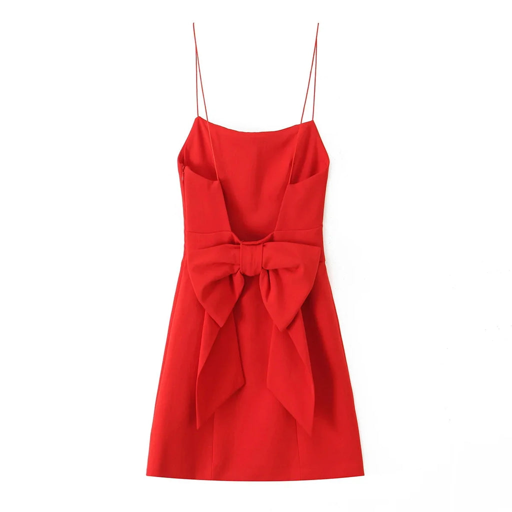 Women Summer Sleeveless Backless Solid Sexy Party Mini Dress Female Elegant Back Bow Decoration Zipper Slim Sling Dress