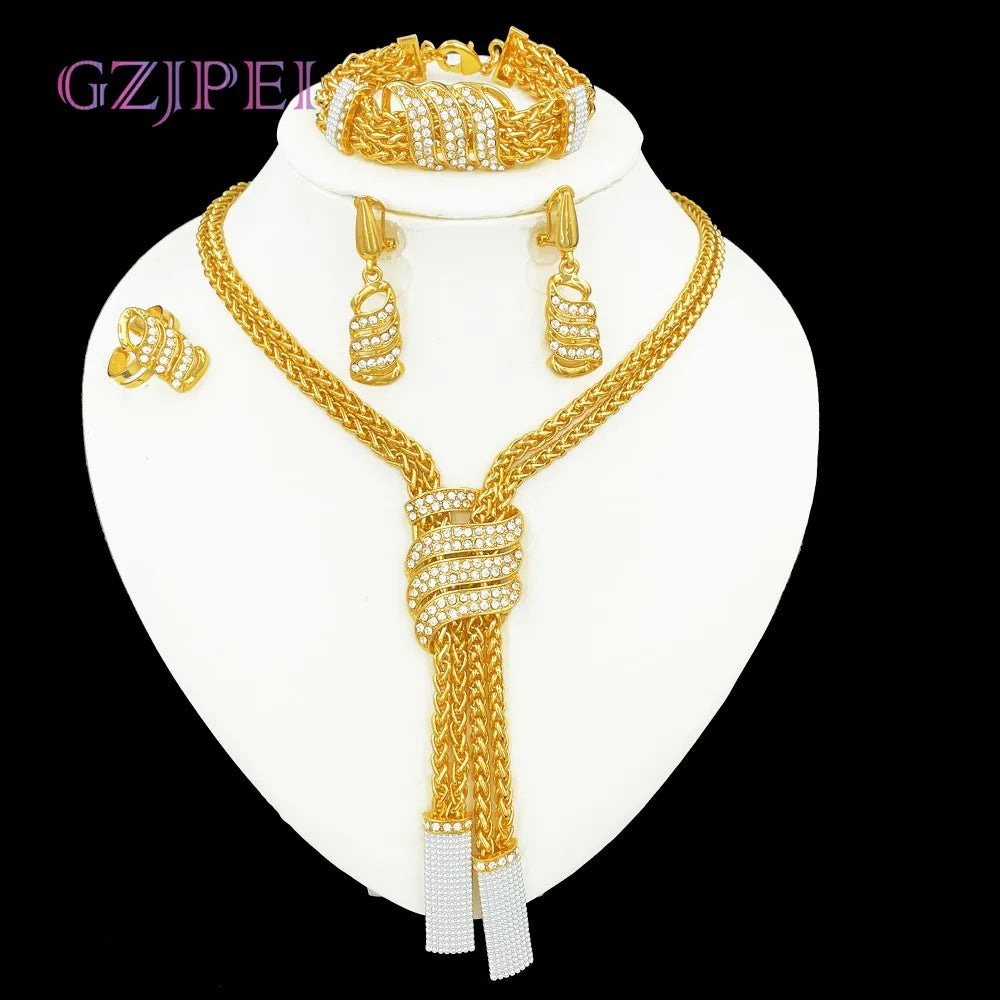 Design Women Jewelry Set 18K Gold Color Charm Necklace Chain Braclete Chic Earring Ring Indian Nigeria Jewellery Gift