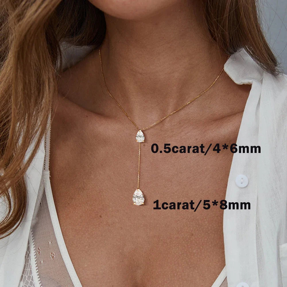 2-Stone Waterdrop Moissanite Pendant Necklace for Women 925 Silver 1.5cttw Y-Style Long Tassel Pear Cut Lab Diamond Neckchain