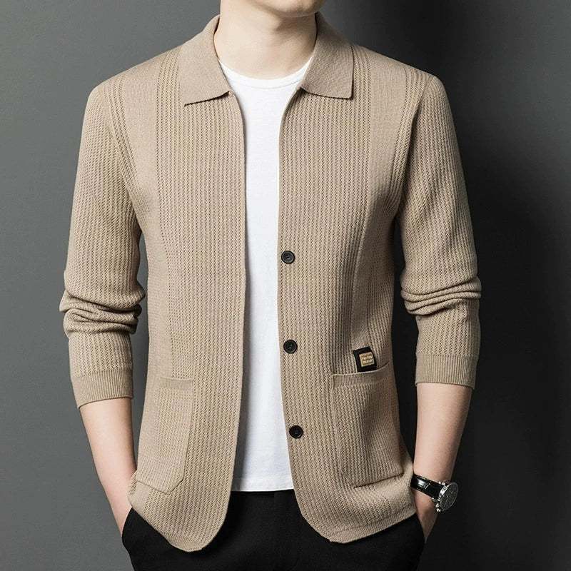 High-Quality Men's Knitted Cardigans Solid Color Simple Business Lapel Knitwear Coat Man Autumn New Long Sleeves Sweater Jacket