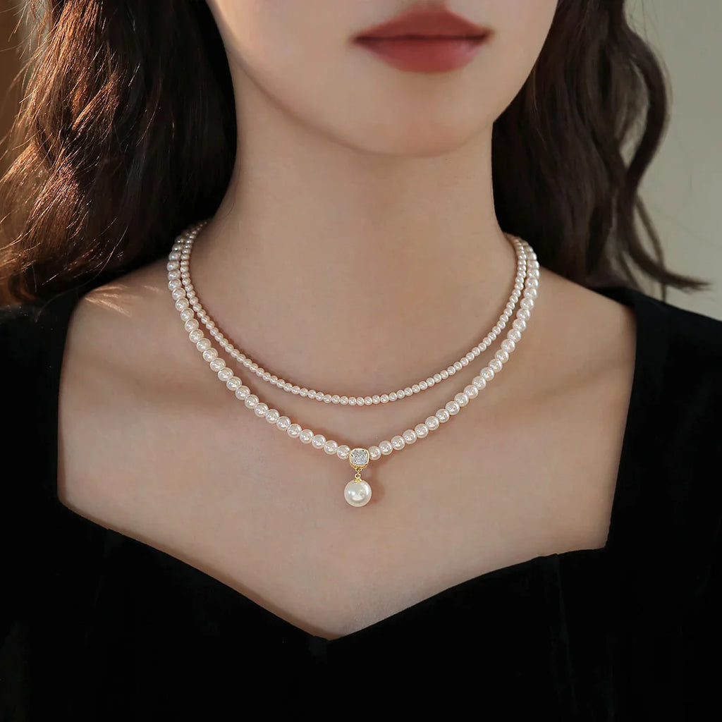 2025 Trendy Double-layer Imitation Pearl Bead Necklace Elegant Accessories For Womens Sexy Collarbone Chain Light Luxury Jewelry