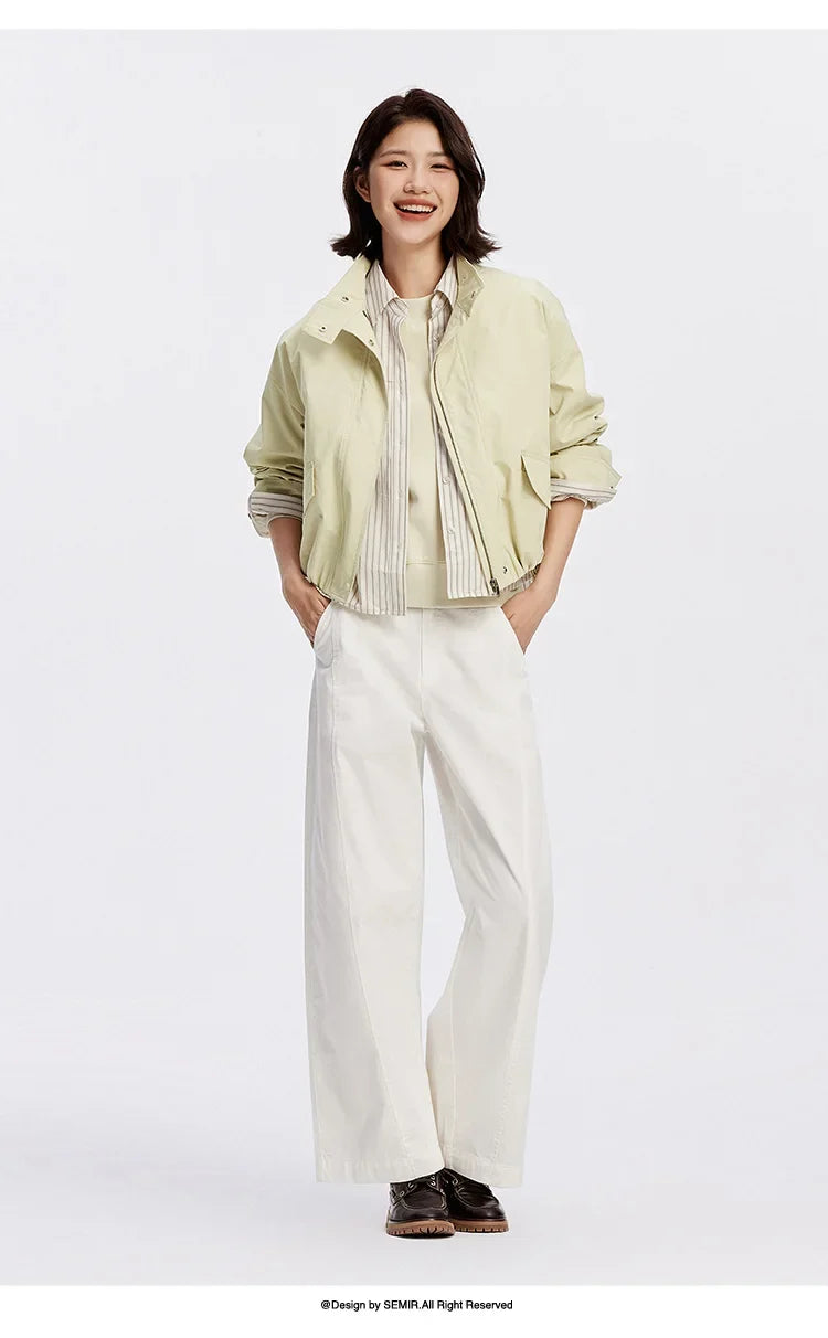 Women Jacket Solid Stand Collar Bubble Hem Oversize Dropped Shoulder Casual Style Autumn Outerwear Daily Wear 2026