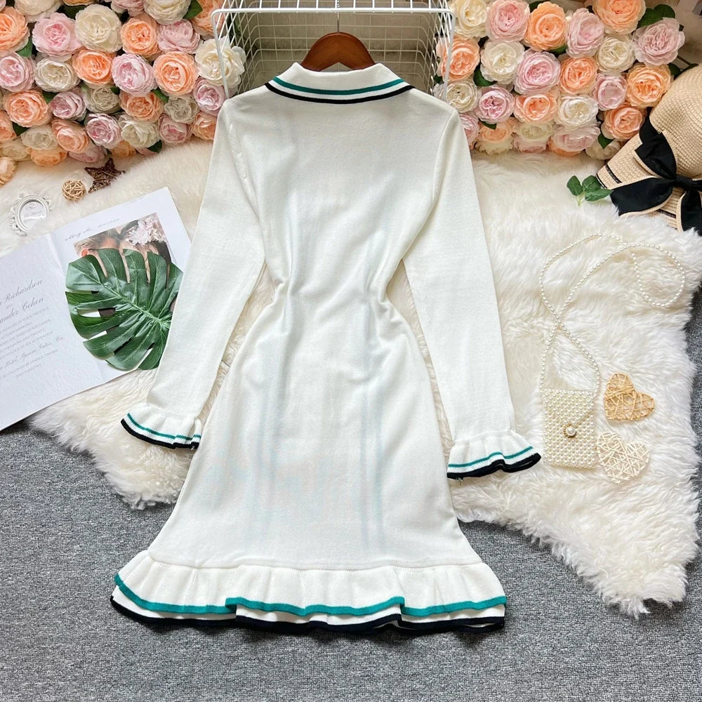 Brand Fashion Women Knitted Mini Dress Ins Hot Sexy Package Hips Ruffled Party Dress Streetwear Lady Outfits Vestidos