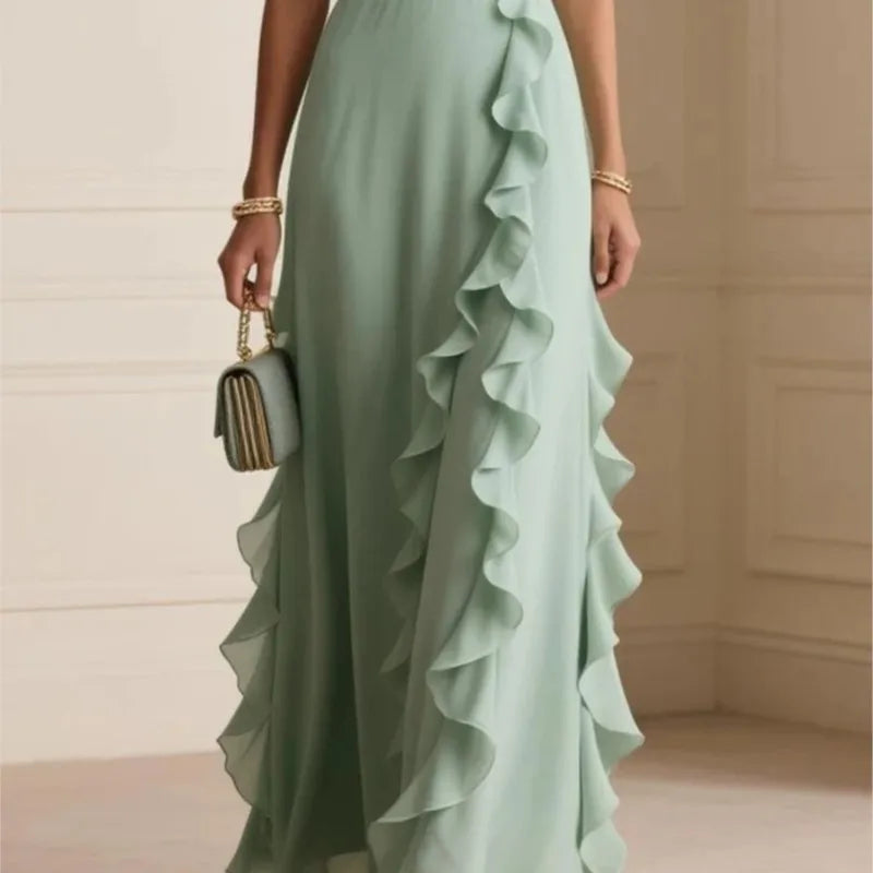 Women's Elegant Solid Color Ruffle Sleeveless Sexy V-Neck Long Dress Fashionable Bohemian Women's Party Evening Maxi Dresses