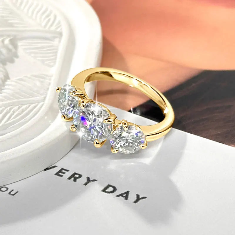 14k Gold Filled Three Stone Ring 8mm&6.5mm D Color Round Moissanite Certified Engagement Wedding Jewelry for Women Rings