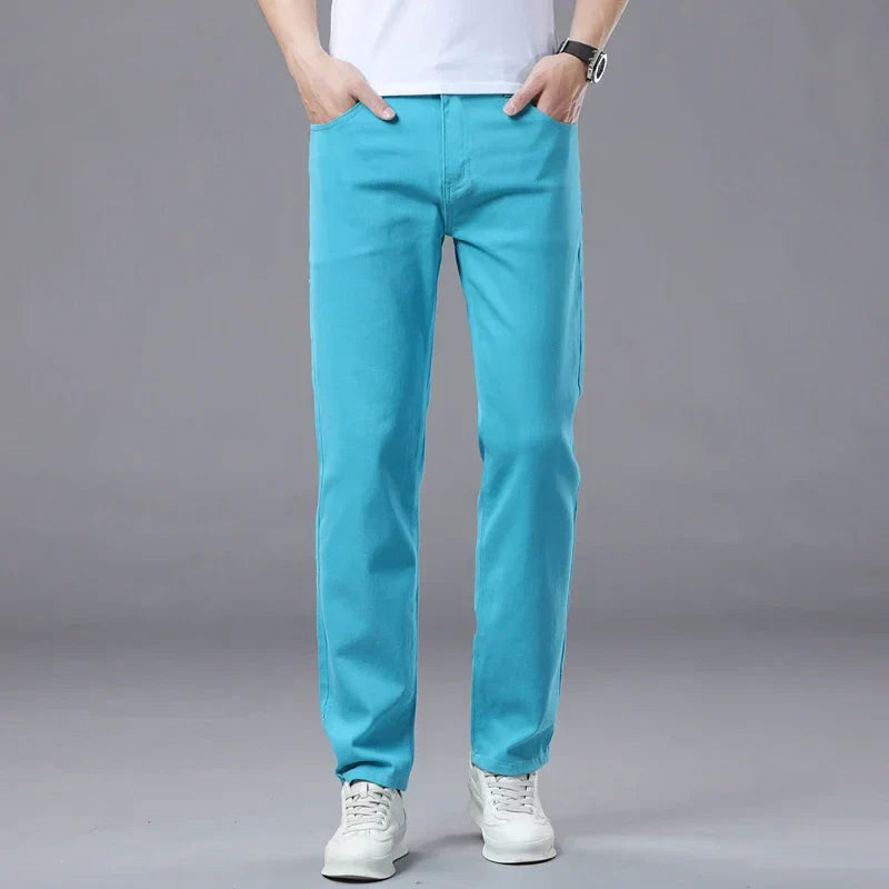 2025 Autumn Men's Elastic Colorful Jeans Breathable Casual  Straight Fitted Solid Color Denim Pants Korean Fashion Trousers