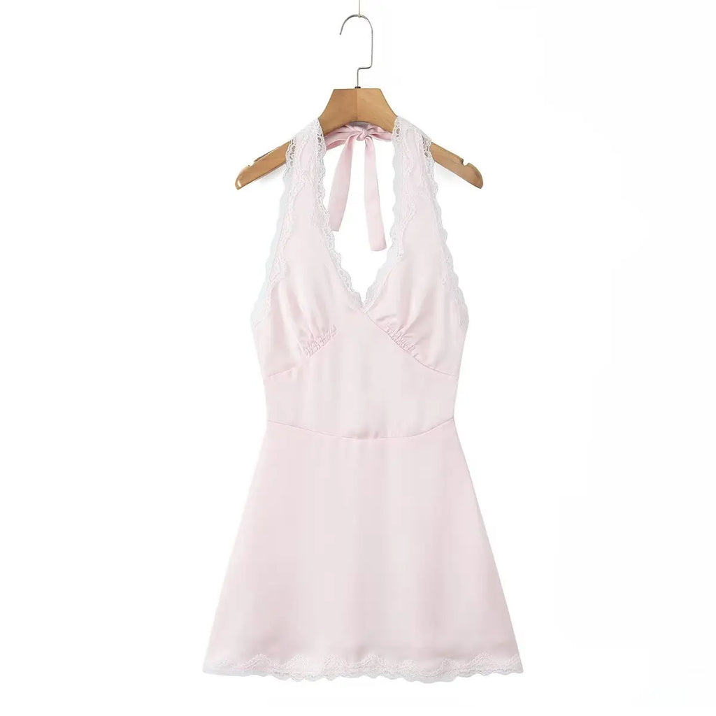 Lace Spliced Polka Dot Halter Dress Women Elegant A-line Mini Sexy Backless Dresses Summer Robe 2025