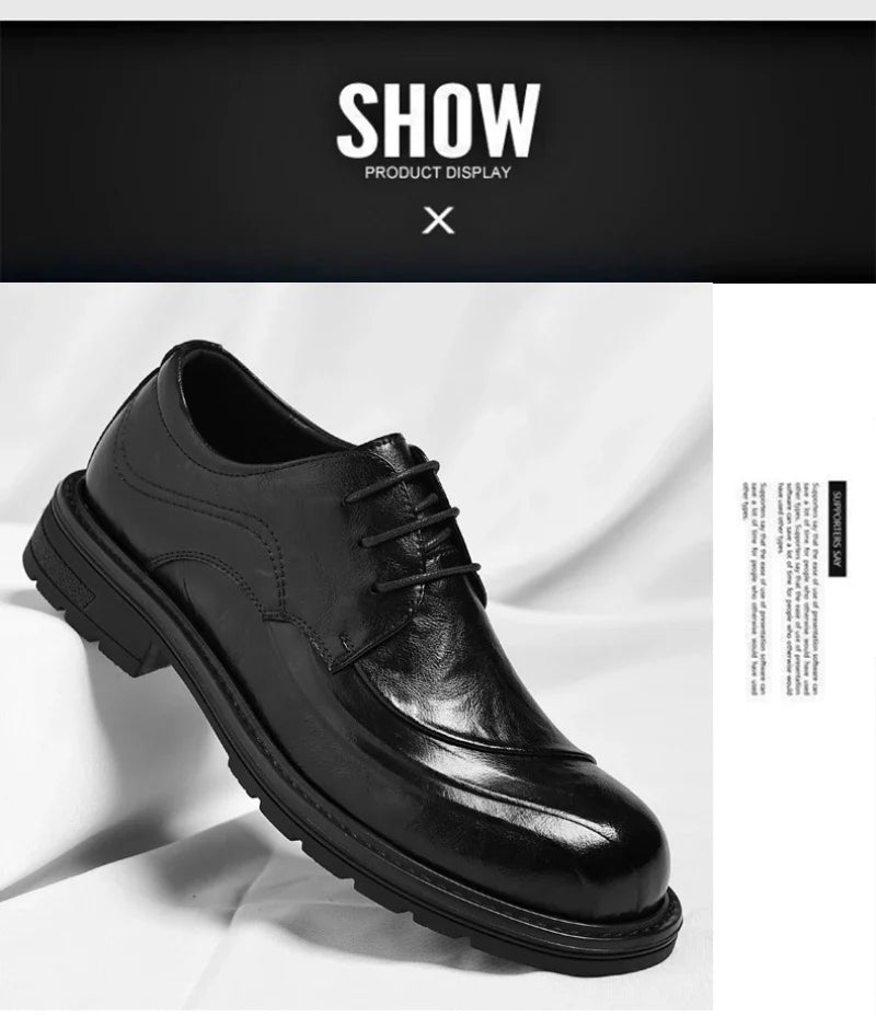 Brown Burnished Genuine Leather Lace Up Chunky Sole Formal Business Office Groom Wedding Daily Wear Shoes Fashion Comfortable