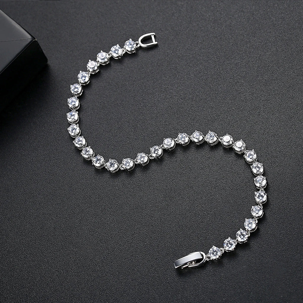 Silver Color 3 Prong Round Cubic Zirconia Necklace Earring Bridal Jewelry Set Simple Design Bride Wedding Accessories
