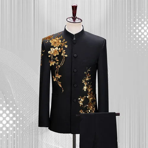 Fashion Men Stand Up Collar Floral Suit