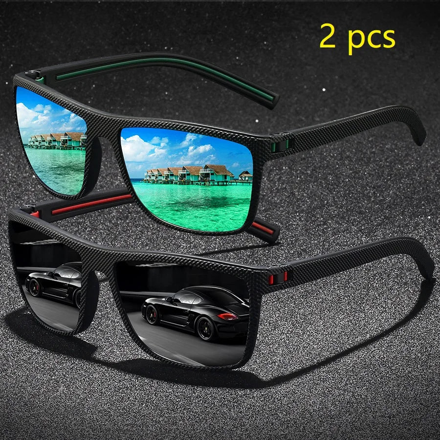 2PCS Fashion Vintage Check Pattern Sunglasses For Men Women Fishing Driving Fashion Square Brand Design Sun Glasses UV400 Eyewea