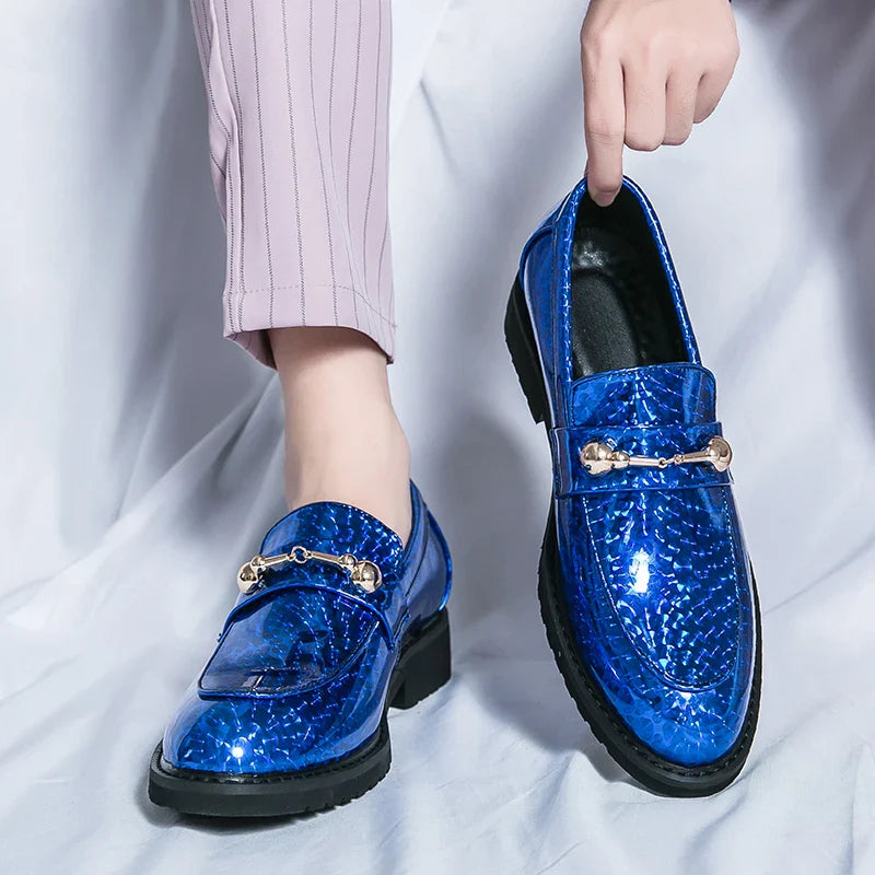 Men's Glossy Leather Shoes European American Luxury Blue High-end Banquet Loafers Commuting Party Dress Formal Shoes Size：38-46