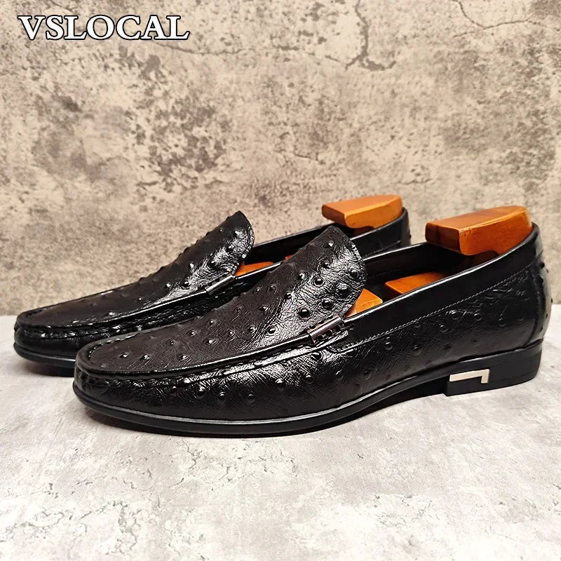 Luxury Brand Men Loafers Shoes Black Brown Ostrich Print Pointed Toe Slip-on Casual Mens Dress Shoes Slip on Loafers Men