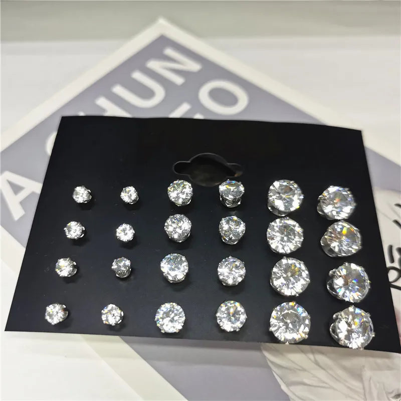 24pcs Cubic Zirconia Stud Earrings - Stainless Steel Claw Set for Men (12 Pairs)