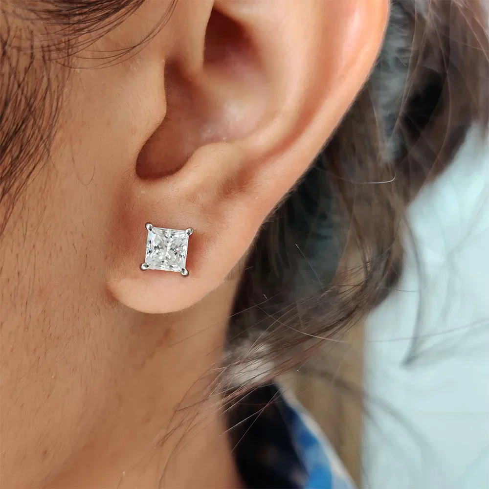 1/2/3/4carat Princess Cut Moissanite Stud Earrings Screw Back 925 Sterling Silver Square Diamond Stud Earring for Women Men Gift