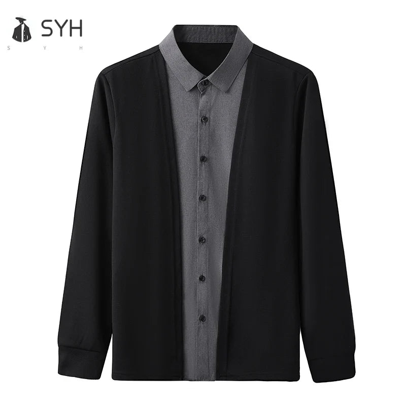 Men's Casual Long Sleeved Shirt Fake Two Piece Comfortable Outdoor Cardigan Korean Version Solid Color Fashionable Versatile Top