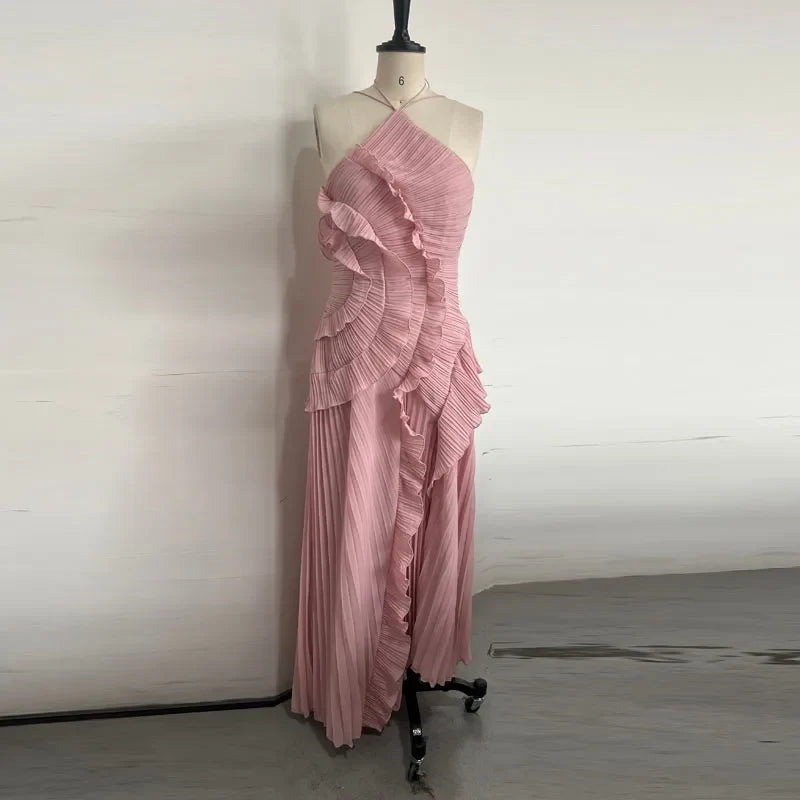 Elegant Neck Strap Ruffles Evening Gown Solid Folds A Line Lace Up Backless Sexy Party Dress 2025 New Party Vacation Y2k Robe