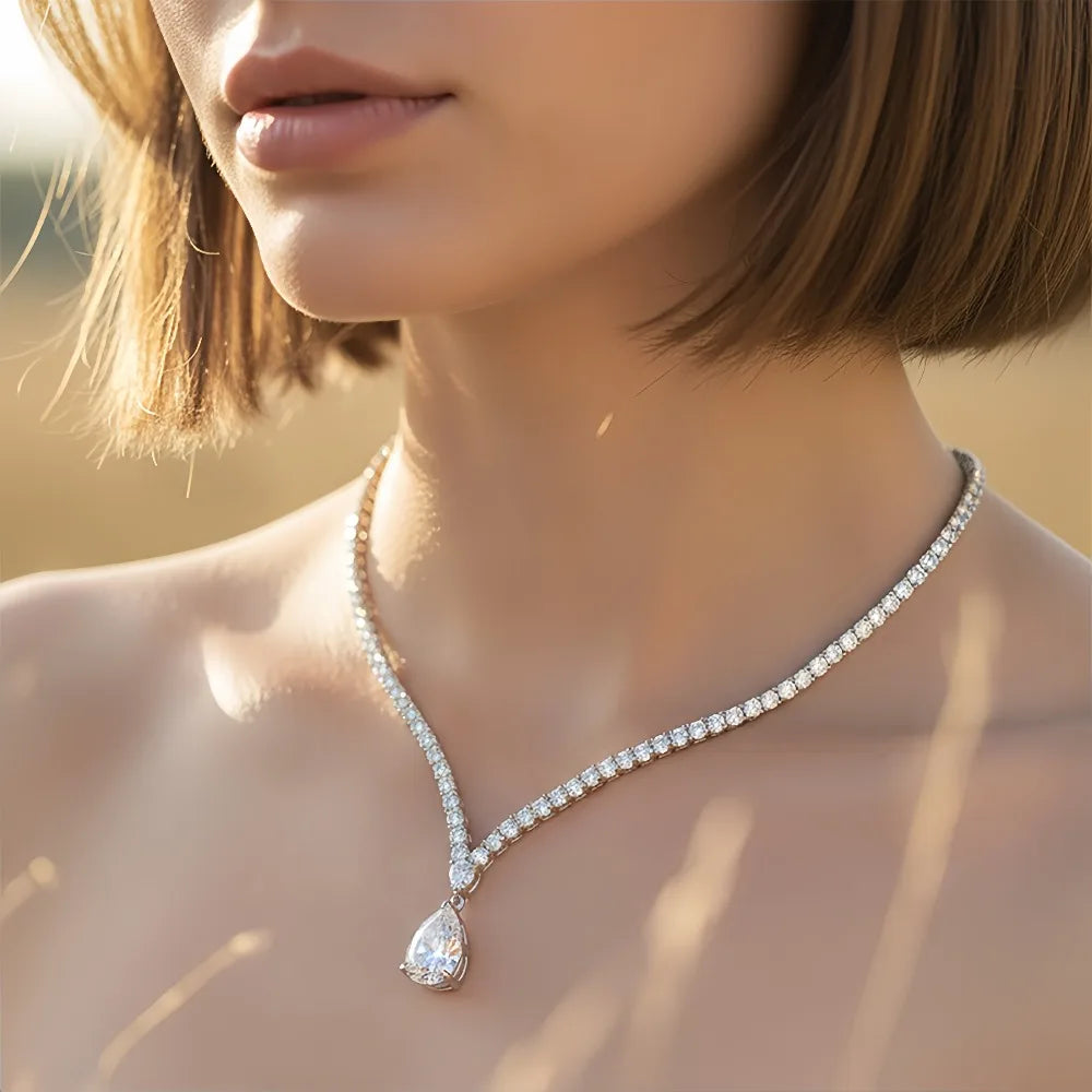 V-shape Moissanite Tennis Necklace for Women with 6Carat WaterDrop Pear Cut Diamond Pendant Riviera Necklace with Certificates