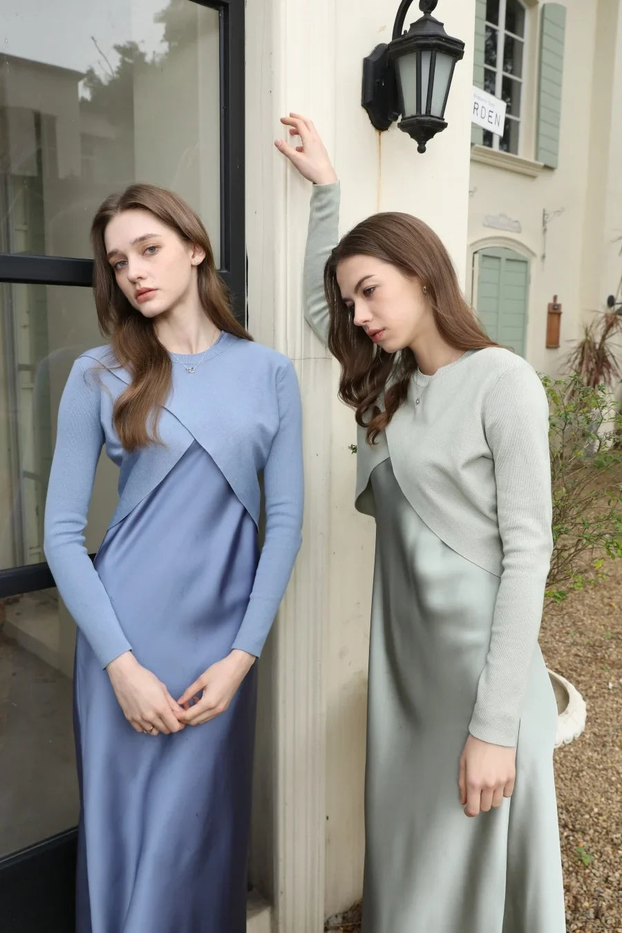 2025 spring summer elegance satin dress + knitted top match set maxi floor length woman clothes