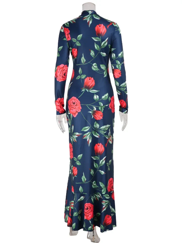 Flower Prints O Neck Women Dresses Sheath Trendy Fashion Elegant Evening Party Outfits Female Bodycon Long Sleeve Robes