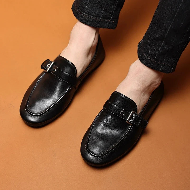 High-end Washed Genuine Leather Loafers Men's Shoes Slip on Fashion Trendy Casual Dress Work Leather Shoes Male Flats