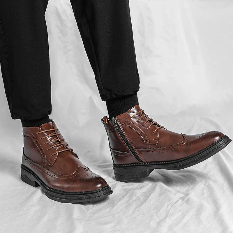 New Fashionable Winter Patent Leather Brogue Ankle Boots Men's Lace up High Tops For Men Flats Everyday All Match Shoes
