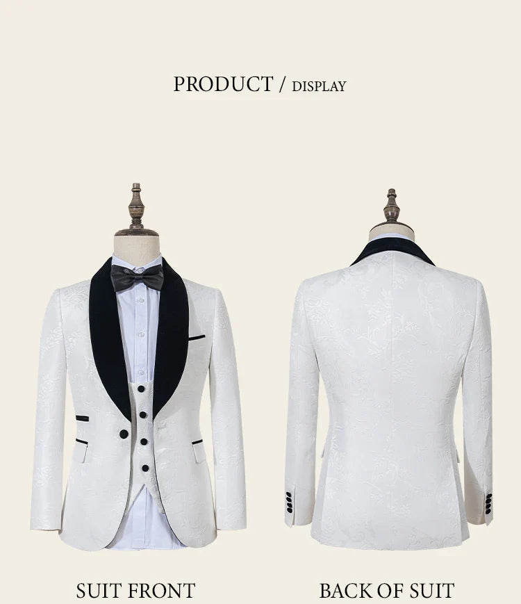 Male Groom Wedding Blazers Retro carving figure Party Dress Tuxedo Prom Suit Fashion Slim Fit (jacket+Vest+Pants）