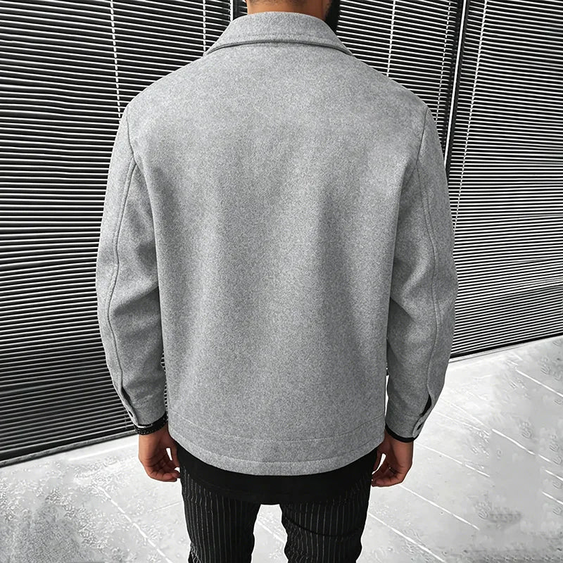 Men's Polyester Brushed Jacket, Lapel Button/Zipper Coat with Pocket, Comfortable Casual Autumn Winter Office Business Wear