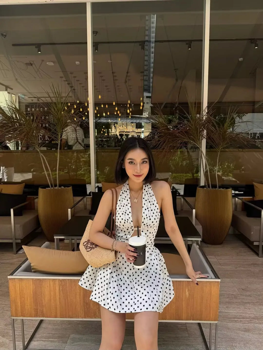 French Style Retro Polka Dot Deep V Halter Dress Women Sexy Backless A-line Slim Sweet Elegant Mini Dresses Summer Robe