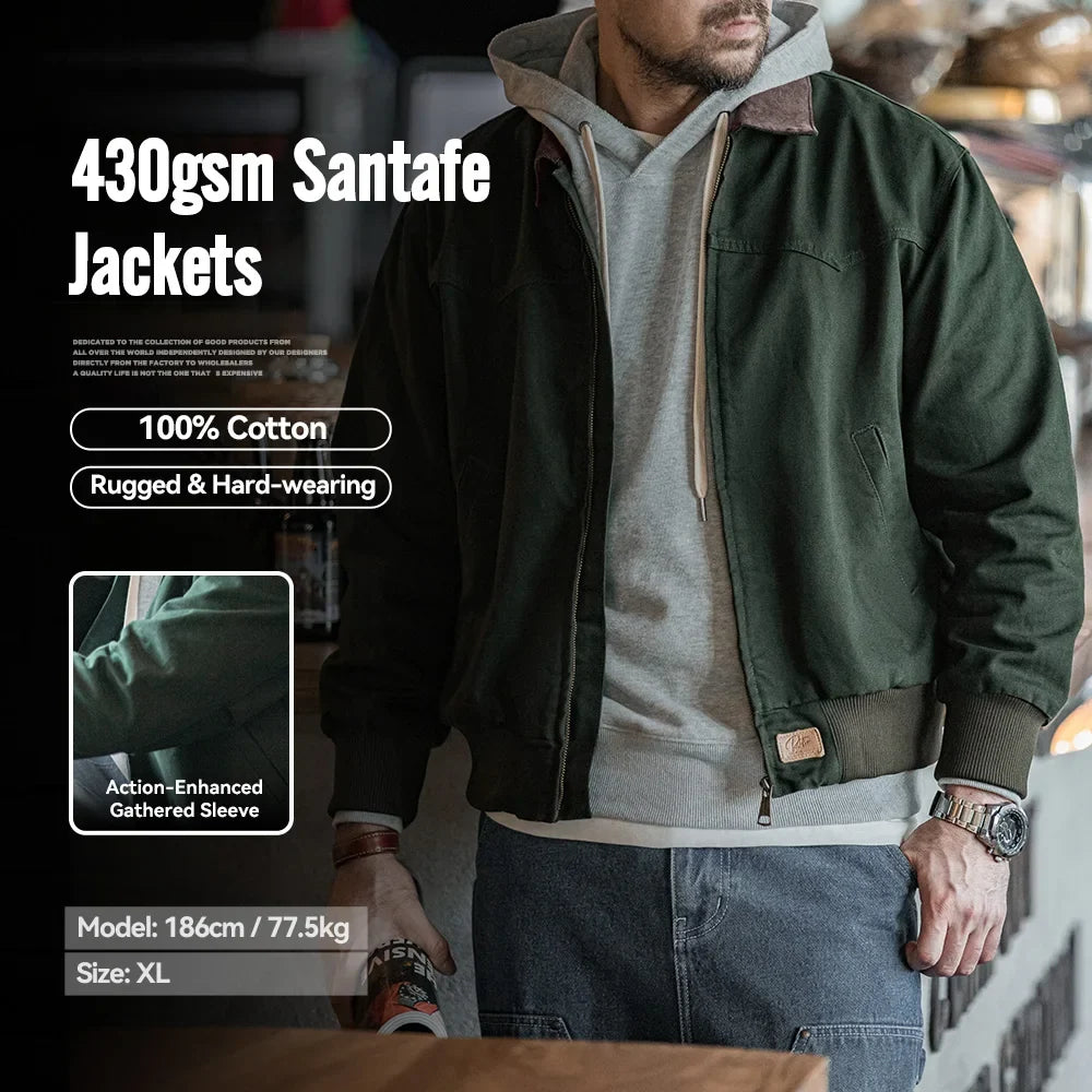 Retro Heavyweight Santafe Canvas Jackets Cotton Corduroy Lapel Ribbed Hem Cuffs Short Jacket for Men's Autumn Overcoat