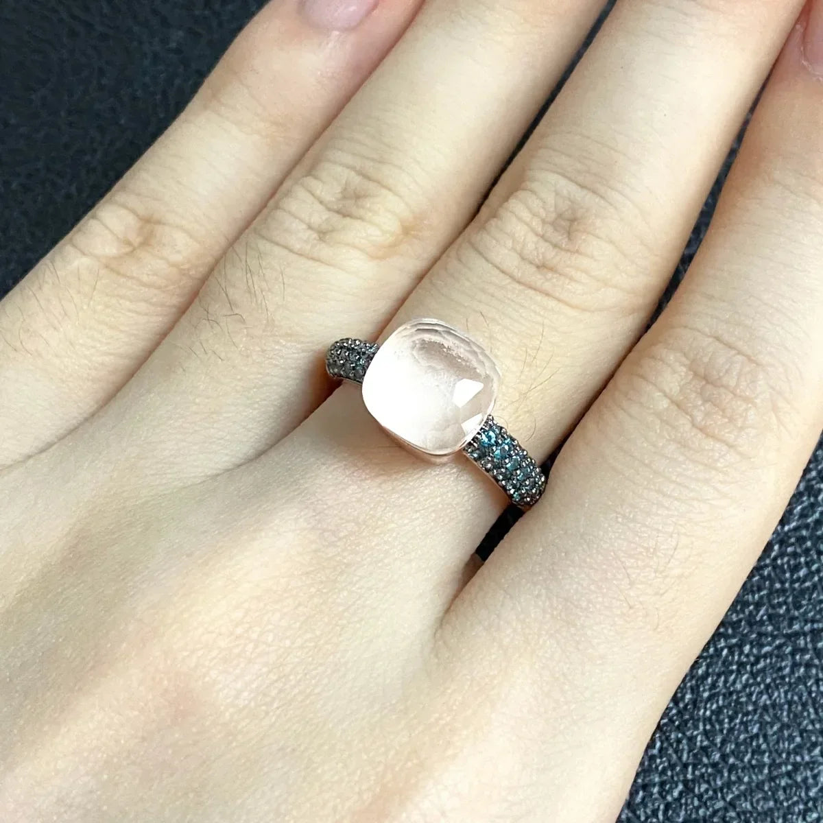 10.6mm Elegant Blue Topaz Zircon Ring Dual Tone Black Gun & Rose Gold 30 Colors Candy Crystal Jewelry Gift for Women