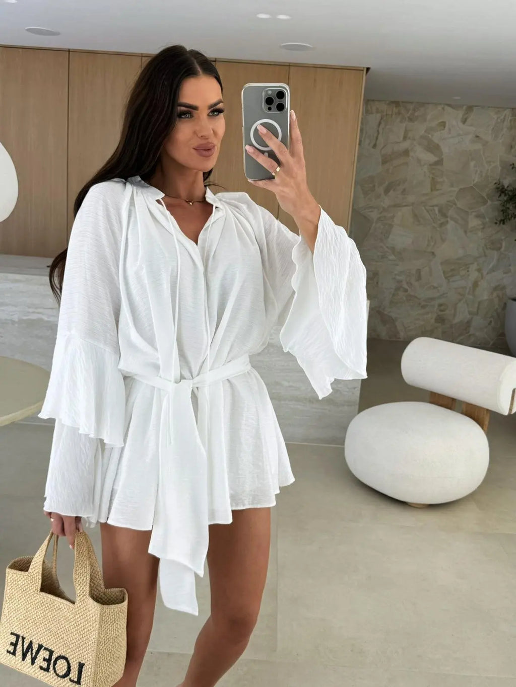 2026 Autumn Ruffle Loose Mini Dress Casual Flare Sleeve Holiday Dresses Sexy Deep V-neck Lace Up Solid Women's Dress Vestidos