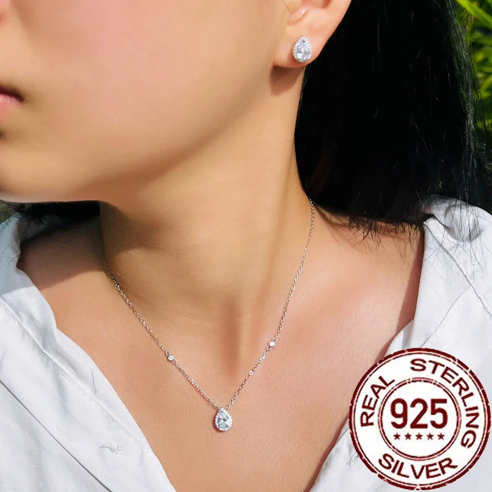 Pure 925 Sterling Silver Pear Cut CZ Stud Earrings Pendant Necklace Set for Women Fine Jewelry Accessories Gift ST005