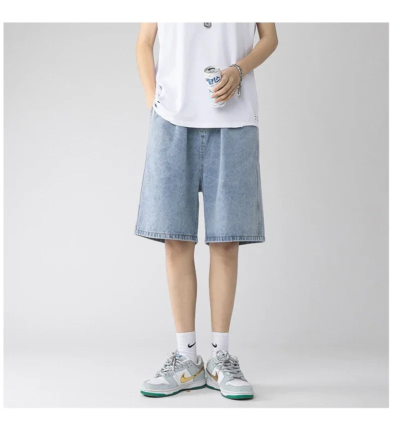 Wide Baggy Denim Shorts Men Summer Thin Solid Color Casual Loose Knee-length Pants Male Jeans Shorts Streetwear