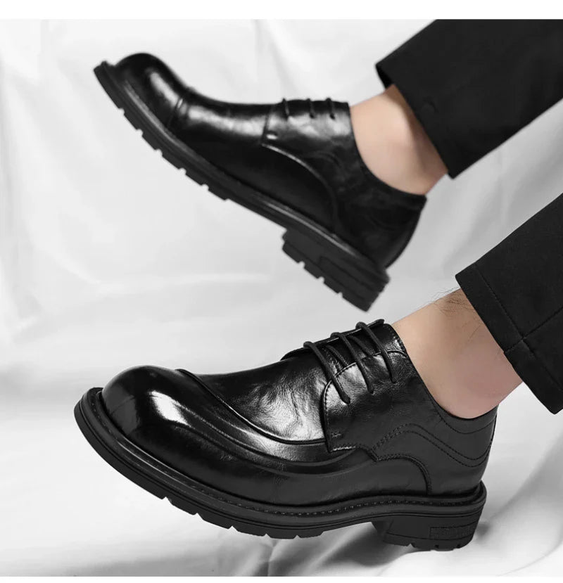 Brown Burnished Genuine Leather Lace Up Chunky Sole Formal Business Office Groom Wedding Daily Wear Shoes Fashion Comfortable