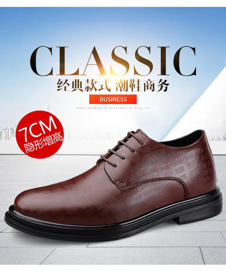 Men Dress Shoes Elevator Shoes Platform Breathable Casual Business Luxury Genuine Leather Soft Heightening Shoes 7CM Taller Male