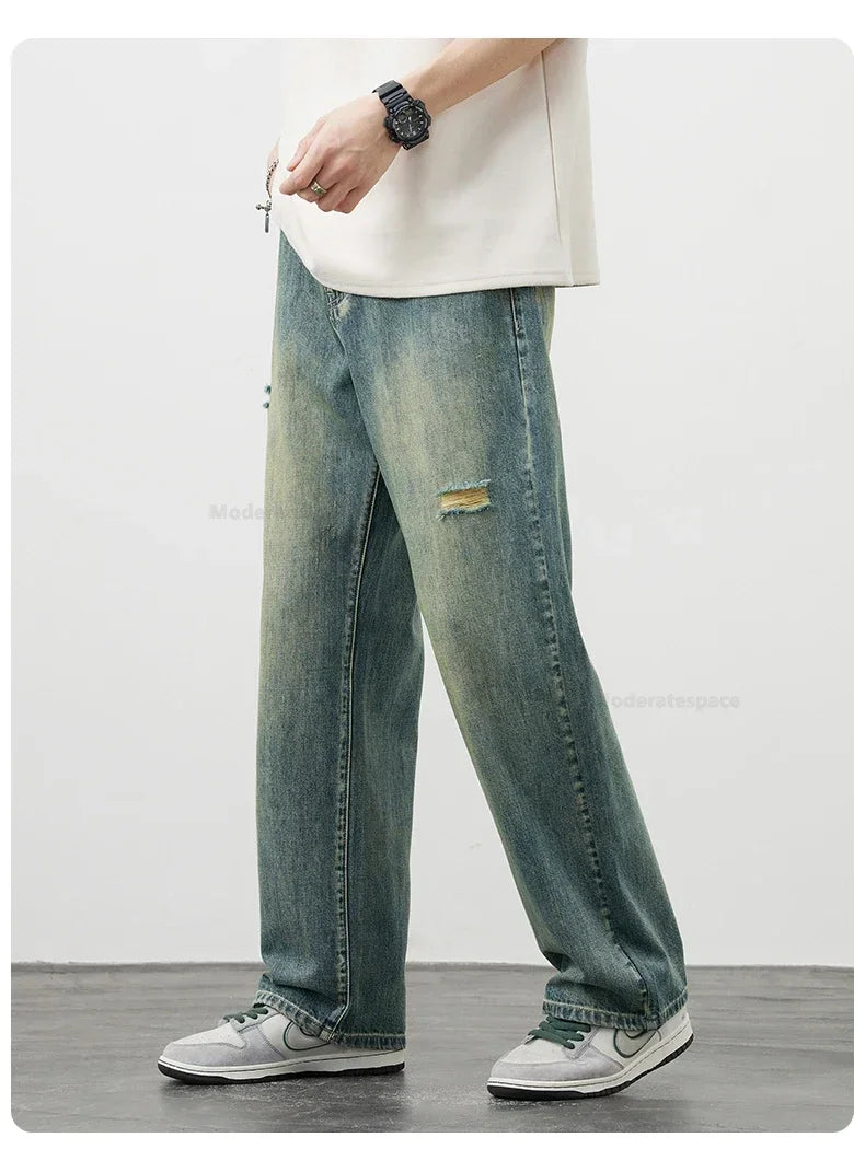 Korea Baggy Cargo Jeans Men Vintage Straight Ripped Y2k Pants Fashion Frayed High Street Distressed Denim Trousers Male Clothes