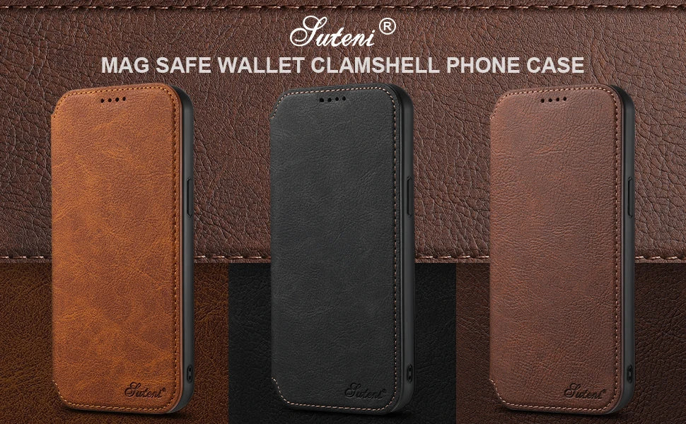 SUTENI Compatible Wireless Charging Leather Phone Case For iPhone 12 13 14 15 16 Plus 17 Pro Max Flip Cover Wallet Card Holder