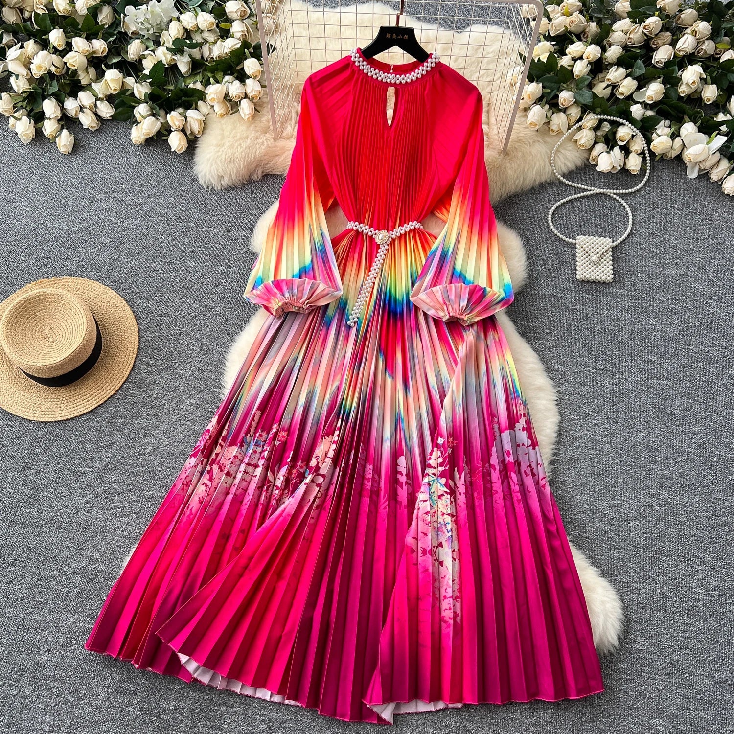 High-End Women's Dr Faionable Beaded round Ne Hollow out Pleated Lantern Sve Waist Cinched Floral Print Lon...