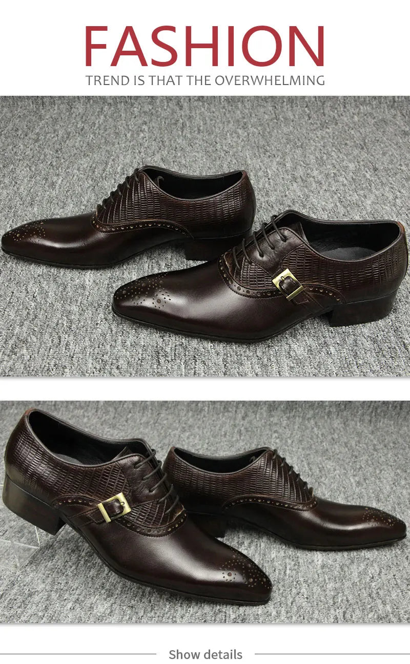 Deluxe Genuine Leather Brogue Shoes Formal Oxford Lace-up  Dress Shoes Handcrafted Male Business Office Man Side Metal Buckl