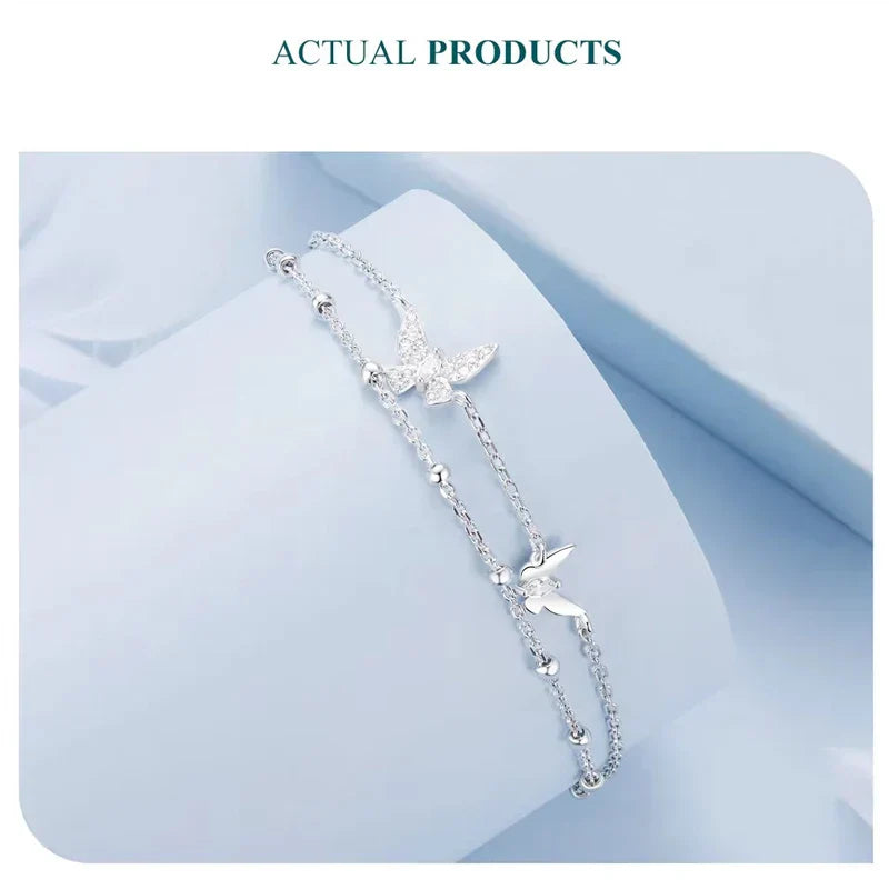 Womens Double-Layer Butterfly Bracelet 925 Sterling Silver CZ Layered Bracelet Dainty Beaded Chain Adjustable 5.9"+2.3"
