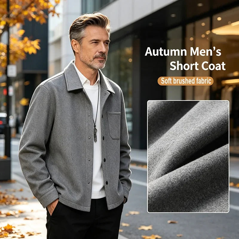 Men's Polyester Brushed Jacket, Lapel Button/Zipper Coat with Pocket, Comfortable Casual Autumn Winter Office Business Wear