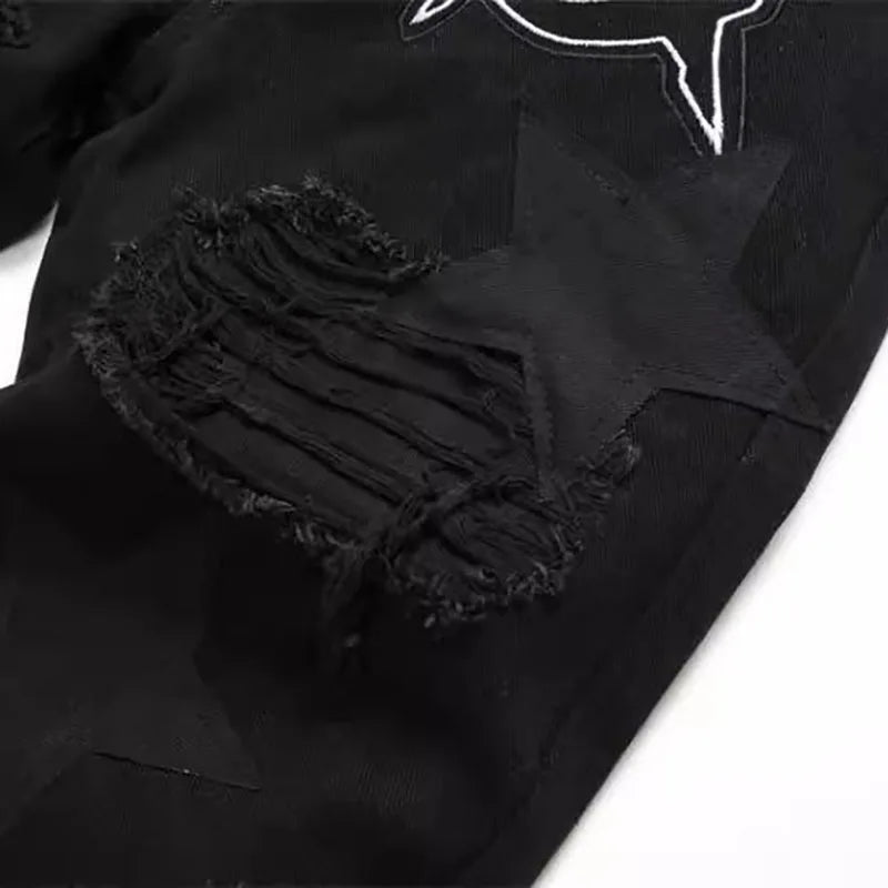 Autumn And Winter Retro Black Ripped Jeans Men'S Straight Leg Pants Pentagram Patch Casual Jeans Pants