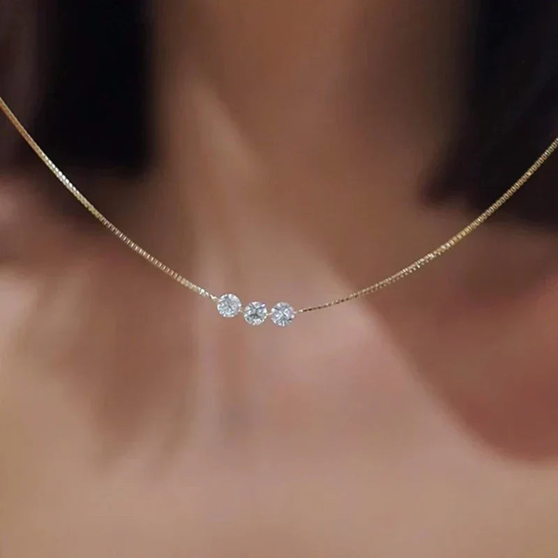 ANENJERY Three Zircon Thin Necklace for Women Simple Clavicle chain Delicate Elegant Jewelry Gifts Wedding Wholesale