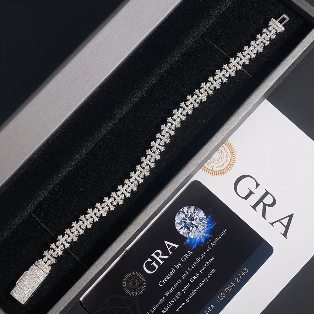 VVS Moissanite Snowflake Cross Bracelet 8mm 925 Silver for Men Women Iced VVS Cross Chain with GRA