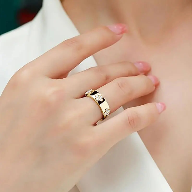 Certified Moissanite Four-leaf Clover Wide Rings for Women Men 925 Sterling Silver Flower Bands Wedding Fine Jewelry Gifts