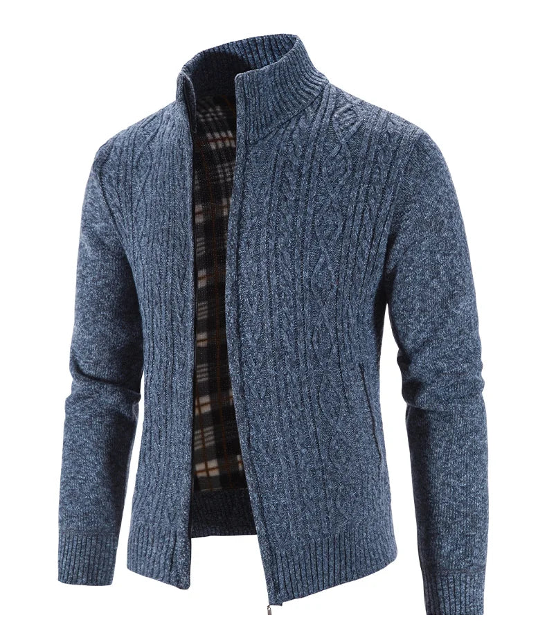 Winter Autumn New Sweater Knit Cable Cardigan Men Business Casual Jacket Zipper Up Solid Color Turn-down Coat Fleece Clothes